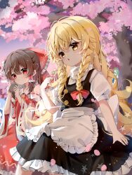 4girls absurdres apron ascot black_skirt black_vest blonde_hair blue_hair blush bow braid brown_hair cherry_blossoms chinese_commentary cirno commentary_request cup dango detached_sleeves eating falling_petals food frilled_bow frilled_hair_tubes frills green_hair hair_bow hair_tubes hakurei_reimu highres holding holding_cup holding_skewer kirisame_marisa kochiya_sanae long_hair multiple_girls no_headwear nya_(pixiv_100585577) open_mouth outdoors petals pink_petals puffy_short_sleeves puffy_sleeves red_bow red_eyes red_skirt ribbon-trimmed_sleeves ribbon_trim sanshoku_dango short_sleeves side_braid single_braid skewer skirt skirt_set star_(symbol) touhou vest wagashi waist_apron white_apron white_bow yellow_ascot yunomi