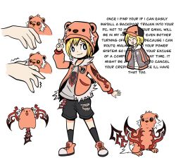 1girl animal_hood bell biting bito_raimu blonde_hair blue_eyes closed_mouth english_text flying_squirrel grey_shirt highres hood jacket jewelry multicolored_headwear necklace orange_jacket shin_subarashiki_kono_sekai shirt sigil smile squirrel squirrel_hood subarashiki_kono_sekai v wings