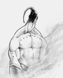 Rule 34 | 1boy, abs, alien, black sclera, colored sclera, dragon ball, dragonball z, fog, glowing, glowing eyes, graphite (medium), greyscale, havanxes, head tail, highres, hole on body, horror (theme), looking at viewer, majin buu, monochrome, muscular, muscular male, no pupils, pectorals, shaded face, traditional media, white background