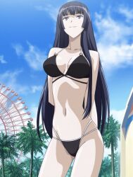 1girl absurdres arms_behind_back bikini black_bikini black_hair blue_eyes blunt_bangs breasts cleavage day highres hime_cut kampfer large_breasts long_hair navel sangou_shizuku smile solo stitched swimsuit third-party_edit