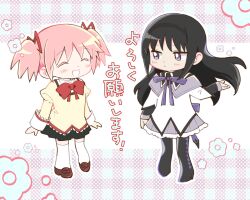 2girls :&lt; ^_^ akemi_homura argyle_clothes argyle_footwear back_bow black_boots black_capelet black_hair black_hairband black_skirt blue_background boots bow bowtie brown_shoes capelet chibi closed_eyes closed_mouth collared_shirt colored_eyelashes commentary_request dot_nose dress floating_hair flower frilled_skirt frills frown hair_flip hair_ribbon hairband halftone halftone_background happy high_collar high_heel_boots high_heels highres jitome juliet_sleeves kaname_madoka lace lace-trimmed_shirt lace-trimmed_sleeves lace_trim layered_sleeves light_blush long_sleeves looking_at_viewer magical_girl mahou_shoujo_madoka_magica mahou_shoujo_madoka_magica_(anime) miniskirt mitakihara_school_uniform multiple_girls no+bi= open_mouth pink_hair plaid_background pleated_skirt puffy_sleeves purple_background purple_bow purple_bowtie purple_capelet purple_eyes purple_skirt red_bow red_bowtie red_ribbon ribbon school_uniform shirt shoes short_dress short_hair short_twintails sidelocks skirt skirt_under_dress sleeves_past_wrists smile standing thigh_boots thighhighs translation_request twintails two-tone_background two-tone_capelet uwabaki white_dress white_sleeve_cuffs white_thighhighs yellow_shirt zettai_ryouiki
