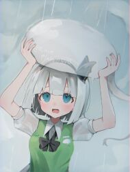 1girl arms_up black_bow black_hairband black_ribbon blue_eyes bow collar commentary_request green_shirt hair_ribbon hairband highres hitodama holding_above_head konpaku_youmu looking_up loveplum0510 open_mouth rain ribbon shirt short_hair short_sleeves signature solo touhou wet wet_clothes white_collar white_hair white_sleeves