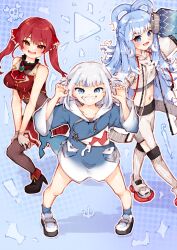 Rule 34 | black pantyhose, blue eyes, blue hair, blush, breasts, fins, fish tail, flat chest, gawr gura, gloves, hair ornament, heterochromia, highres, hololive, hololive english, hololive indonesia, hood, hoodie, houshou marine, kobo kanaeru, large breasts, long hair, looking at viewer, ma draws, medium hair, midriff, multicolored eyes, multicolored hair, navel, oversized clothes, pantyhose, red eyes, red hair, shark tail, sharp teeth, shoes, smile, stomach, tail, teeth, virtual youtuber, white gloves, white hair, yellow eyes