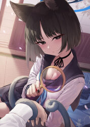 Rule 34 | 1boy, 1girl, absurdres, animal ears, black eyes, black hair, black nails, black sailor collar, black skirt, blue archive, blue halo, blue neckerchief, blush, breasts, cat ears, cat girl, cleavage, closed mouth, commentary request, fingernails, halo, highres, holding, holding magnifying glass, kikyou (blue archive), looking at viewer, magnifying glass, multiple tails, nail polish, neck ribbon, neckerchief, pizza (pizzania company), red ribbon, ribbon, sailor collar, shirt, short hair, skirt, tail, tail wrap, two tails, white shirt