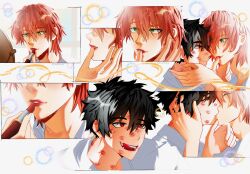 Rule 34 | 2boys, bishounen, black hair, eugene korekishi, fangs, french kiss, green eyes, highres, imoefable, kiss, lipstick, lipstick mark, lipstick mark on face, lipstick mark on neck, makeup, male focus, mogari shishikuno, multiple boys, orange hair, phantom busters, red eyes, red lips, simple background, tongue, tongue out, white background, yaoi