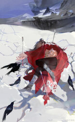 1boy absurdres animal animal_hug arrow_(projectile) arrow_in_body bare_tree bird black_hair black_pants black_shoes blood bloody_weapon brown_hair chinese_clothes chinese_commentary closed_eyes coat crow dao_gui_yi_xian day deer full_body hair_bun half_updo hanfu highres leg_wrap li_huowang long_hair long_sleeves lying male_focus mountain on_side outdoors pants planted planted_arrow red_coat shadow shoes single_hair_bun sky sleeping snow solo tree very_long_hair watermark weapon weibo_watermark winter yongbaochise