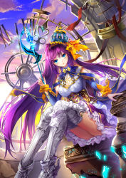 Rule 34 | 1girl, armor, armored boots, bad id, bad pixiv id, blue eyes, blue hat, boots, bow, clock, clock tower, cloud, crown, female focus, frilled sleeves, frills, full body, greaves, grey boots, hair bow, hat, highres, indoors, long hair, looking at viewer, original, purple hair, shards, shente (sharkpunk), silver boots, silver legwear, sitting, solo, sunset, thigh boots, thighhighs, tower, very long hair, wand