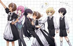 ! ... 2girls 4boys alternate_costume alternate_hairstyle antenna_hair aubrey_(faraway)_(omori) aubrey_(omori) basil_(faraway)_(omori) basil_(omori) black_bow black_bowtie black_eyes black_hair black_necktie black_pants black_shorts blonde_hair blue_eyes blue_ribbon bow bowtie bright_pupils brown_eyes brown_hair butler closed_mouth collared_shirt enmaided female_butler grey_pants hair_ribbon hand_on_own_hip hero_(faraway)_(omori) hero_(omori) highres je_mizu kel_(faraway)_(omori) kel_(omori) long_sleeves looking_at_another looking_at_viewer maid maid_headdress mari_(faraway)_(omori) mari_(omori) multiple_boys multiple_girls necktie omori open_mouth pants pink_hair puffy_short_sleeves puffy_sleeves ribbon shirt short_sleeves shorts smile socks speech_bubble spoken_ellipsis sunny_(omori) teeth upper_teeth_only white_pupils white_shirt white_socks yellow_necktie