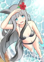 absurdres arm_up ball barefoot beachball blue_eyes blunt_bangs blush breasts chrono_genesis_(umamusume) flower grey_hair hair_flower hair_ornament highres horse_girl long_hair looking_at_viewer navel open_mouth small_breasts subculture_is sweat swimsuit umamusume water wet