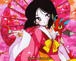 1990s_(style) 1girl :o adapted_costume animification bad_id bad_twitter_id bishoujo_senshi_sailor_moon black_hair blue_eyeliner blunt_ends bob_cut bow bowtie brown_eyes cherry_blossoms chinese_clothes choker cloud collarbone commentary cowboy_shot diamond_brooch diamond_earrings dot_nose dragon dragon_on_shoulder earrings english_commentary english_text expressionless eyeliner eyeshadow fa_mulan_(disney) face_powder faux_retro_artstyle film_grain floral_print hanfu head_tilt holding holding_umbrella holding_wand honeymoonpetal jewelry light_blush light_particles lipstick long_sleeves looking_at_viewer magical_girl makeup mulan_(movie) mushu_(disney) nail_polish oil-paper_umbrella orange_sky outdoors parody parted_bangs parted_lips petals pink_brooch pink_choker pink_eyeshadow pink_hanfu pink_umbrella red_lips red_nails retro_artstyle sailor_collar short_hair sky small_dragon solo sparkle spring_(season) style_parody sunset tree tsurime umbrella umbrella_over_shoulder wand white_sailor_collar wide_sleeves yellow_bow yellow_bowtie