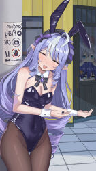 1boy 2girls absurdres ahoge animal_ears belle_(zenless_zone_zero) black_bow black_bowtie black_nails blue_hair bow bowtie breasts brown_pantyhose cleavage closed_eyes commentary_request covered_navel detached_collar drill_hair facing_viewer fake_animal_ears gem grey_hair hair_bow highres jishui3q leotard long_hair multiple_girls outdoors pantyhose pointy_ears purple_gemstone purple_hair purple_leotard sidelocks solo_focus tile_floor tiles vivian_banshee window wise_(zenless_zone_zero) zenless_zone_zero