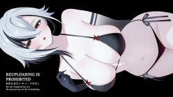 1girl absurdres alternate_costume arlecchino_(genshin_impact) bikini black_bikini black_eyes black_hair blush breasts cowboy_shot fuminshou_(nekopan_art) genshin_impact hand_up highres large_breasts multicolored_hair navel open_mouth side-tie_bikini_bottom sideways solo stomach swimsuit symbol-shaped_pupils two-tone_hair white_hair x-shaped_pupils