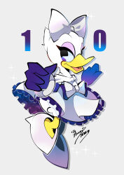 1girl absurdres alternate_costume bow daisy_duck disney dress duck_girl full_body gloves hair_bow highres jewelry looking_at_viewer mickey_mouse_&amp;_friends open_mouth shirt simple_background smile solo yuyu_maybe