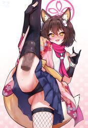 1boy 1girl animal_ear_fluff animal_ears black_gloves black_panties black_thighhighs blue_archive blue_skirt blush breasts brown_hair cameltoe commentary commission disembodied_penis fang fishnet_thighhighs fishnets fox_ears fox_girl fox_hair_ornament fox_shadow_puppet fox_tail gloves halo hetero highres izuna_(blue_archive) japanese_clothes kimono kneepits large_variant_set long_sleeves looking_at_viewer matsumaramara miniskirt mismatched_thighhighs neckerchief open_mouth paid_reward_available panties partially_fingerless_gloves penis penis_in_thighhigh pink_halo pink_kimono pink_neckerchief pink_scarf pixiv_commission pleated_skirt scarf shirt skindentation skirt small_breasts solo_focus split standing standing_on_one_leg standing_split tail thighhighs underwear variant_set white_shirt wide_sleeves yellow_eyes