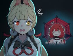 Rule 34 | 2girls, ^^^, alice thymefield, black background, black bow, black choker, black eyes, black sailor collar, blonde hair, bow, braid, cardigan, center-flap bangs, choker, closed mouth, commentary, edmonmondo, english commentary, from behind, furrowed brow, half-closed eyes, half up braid, heterochromia, holding, holding umbrella, light blush, long hair, low twintails, multiple girls, open mouth, pink cardigan, rabbit girl, red eyes, red hair, red umbrella, sailor collar, scared, shirt, sideways glance, small sweatdrop, smug, sphere hair ornament, strap, surprised, tearing up, twintails, ukinami yuzuha, umbrella, upper body, very long hair, white bow, white shirt, wing collar, yellow eyes, zenless zone zero