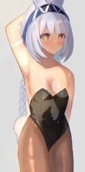 1girl aqua_headband armpits arms_behind_head arms_up bare_shoulders blue_hair blue_hairband blush body_markings braid breasts brown_pantyhose chinchilla_ears cleavage closed_mouth collarbone dark_skin fish-shaped_pupils genshin_impact hairband highres leotard looking_at_viewer low_twin_braids mualani_(genshin_impact) multicolored_hair orange_eyes pantyhose playboy_bunny presenting_armpit rabbit_tail short_hair simple_background solo symbol-shaped_pupils tail tan twin_braids user_mkke3883 white_hair