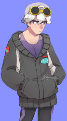 1boy alternate_costume backwards_hat closed_mouth collarbone commentary_request eyeshadow grey_hat guzma_(pokemon) hands_in_pockets hat highres jacket looking_down makeup male_focus nintendo nyoripoke pants pokemon pokemon_sm shirt solo sunglasses twitter_username white_hair yellow-framed_eyewear
