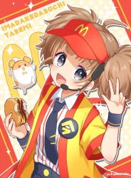 1girl ahoge animal badge brown_hair burger button_badge character_name collared_shirt commentary_request food grey_eyes hamster happi headset highres holding holding_burger holding_food imadake_dabuchi_tabemi japanese_clothes mcdonald&#039;s necktie open_mouth pina710 shirt shirt_tucked_in short_sleeves smile solo sparkle striped_clothes striped_shirt tasuki twintails vertical-striped_clothes vertical-striped_shirt visor_cap w wrist_cuffs