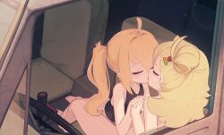 2girls absurdres bare_legs barefoot between_legs black_tank_top blonde_hair blush bottomless car_interior closed_eyes commentary completely_nude english_commentary french_kiss highres holding_hands interlocked_fingers kanbaki kiss long_hair luciana_de_montefio mixed-language_commentary motor_vehicle multiple_girls nude paid_reward_available piper_wheel side_ponytail steering_wheel tank_top truck truck_interior yuri zenless_zone_zero