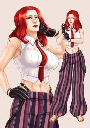 1girl baggy_pants breasts curvy feet female_focus formal_clothes gloves heel_up huge_breasts kaewdesu large_breasts leather long_hair looking_at_viewer muscular muscular_female nail_polish pale_skin pants red_eyes red_hair see-through_clothes shirt sleeveless smile smiley_face standing suspenders the_king_of_fighters thick_thighs thighs toes toned toned_female vanessa_(kof) white_shirt wide_hips
