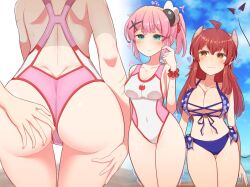 Rule 34 | 2girls, :3, ahoge, ame (no hi no) mori, back, beach, bikini, blue sky, blush, breasts, brown hair, chiyoda momo, cleavage, cloud, cloudy sky, covered navel, day, demon girl, demon horns, demon tail, food-themed hair ornament, grabbing another&#039;s ass, green eyes, groping, hair ornament, heart, highres, horns, large breasts, long hair, looking at another, machikado mazoku, medium breasts, multiple girls, multiple views, ocean, one-piece swimsuit, outdoors, peach hair ornament, pink hair, ponytail, sky, swimsuit, tail, tail wagging, x hair ornament, yellow eyes, yoshida yuuko (machikado mazoku), yuri