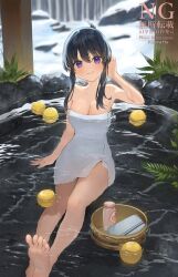 1girl artist_name bare_legs bare_shoulders barefoot black_hair blurry blurry_background breasts cleavage closed_mouth commentary_request day depth_of_field english_text food fruit hair_between_eyes hand_up hu_kotora long_hair looking_at_viewer naked_towel onsen original partially_submerged purple_eyes smile snow soles solo towel water watermark yuzu_(fruit) yuzu_bath