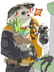 1boy animal_ears bag bara barcode_scanner belly black_fur black_pants bracelet chinese_clothes chyofurbug fat fat_man food food_on_head furry furry_male hashtag-only_commentary highres holding holding_bag jewelry looking_at_object male_focus multicolored_fur object_on_head pan_yinhu panda_boy panda_ears pants paper_bag plump receipt round_eyewear shirt speech_bubble spiked_bracelet spikes spoken_object spring_onion sweatdrop white_background white_fur wok yellow_shirt zenless_zone_zero