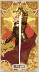 1boy absurdres analogous_colors arm_up armor cape card_(medium) closed_mouth covered_eyes dog furry gold_armor highres holding holding_sword holding_weapon knight male_focus n16_furry original red_cape standing sword tarot tarot_(medium) unfinished weapon wind yellow_background