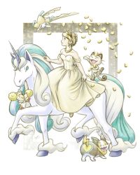 blonde_hair coin dress galarian_form galarian_rapidash gen_1_pokemon gen_3_pokemon gen_7_pokemon gen_8_pokemon gold_dress highres jirachi legendary_pokemon meowth mgishere mythical_pokemon nintendo oricorio oricorio_(pom-pom) pokemon princess taylor_swift tiara unicorn yamper