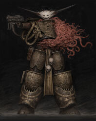 alien ariel_perez armor demon fantasy finger_on_trigger full_armor full_body gun handgun highres holding holding_gun holding_weapon horns jewelry monster monster_focus necklace no_humans original science_fiction skull_necklace tentacles weapon