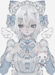 Rule 34 | 1girl, absurdres, animal ears, apron, blue bow, blue bowtie, blue eyes, blue sleeves, blush, bow, bowtie, cat ears, cat girl, closed mouth, collared dress, commentary, cross-laced clothes, cross-laced sleeves, crossed bangs, dot nose, dress, ear piercing, earrings, eyelashes, fingernails, four-finger heart hands, frilled bow, frilled bowtie, frilled headwear, frills, hair between eyes, hair bow, hair ornament, heart, heart hair ornament, heart hands, highres, jewelry, lips, looking to the side, medium hair, multiple hair bows, original, oysi mysi, piercing, simple background, slit pupils, solo focus, sparkle hair ornament, sweatdrop, symbol-only commentary, twitter username, upper body, white apron, white background, white dress, white hair, white headdress, white wings, white wrist cuffs, wings, wrist cuffs, x hair ornament, yuki (oysi mysi)