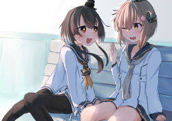 Rule 34 | + +, 2girls, anchor necklace, bench, black hair, black pantyhose, black sailor collar, brown eyes, brown hair, dress, feet out of frame, grey neckerchief, hat, highres, jewelry, kantai collection, mini hat, mok4suke, multiple girls, neckerchief, necklace, one eye closed, pantyhose, sailor collar, short hair, short hair with long locks, sidelocks, sitting, smile, smokestack hair ornament, speaking tube headset, tied dress, tokitsukaze (kancolle), white dress, yellow neckerchief, yukikaze (kancolle), yukikaze kai ni (kancolle)