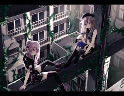 Rule 34 | 2girls, ama no jaku (vocaloid), beret, black hat, blonde hair, blue nails, boots, building, chinese clothes, fingerless gloves, gloves, hair bun, hat, highres, himehina channel, knee boots, letterboxed, long hair, multicolored hair, multiple girls, nail polish, navel, overgrown, pink eyes, pink hair, plant, purple eyes, red nails, ruins, shorts, sitting, skirt, sleeveless, streaked hair, suspender shorts, suspenders, suzuki hina, tanaka hime, thighhighs, vines, virtual youtuber, yanagida shiina