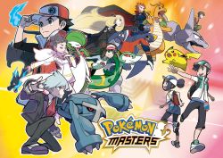 absurdres baseball_cap bettie_(pokemon) black_hair black_pants blonde_hair blue_eyes blue_hair brock_(pokemon) brown_eyes brown_hair cape charizard cynthia_(pokemon) diantha_(pokemon) double_bun dragonite garchomp gardevoir gen_1_pokemon gen_3_pokemon gen_4_pokemon hair_bun hair_over_one_eye hand_on_headwear hat highres jacket lance_(pokemon) long_hair mega_charizard_x mega_pokemon metagross nintendo official_art onix outstretched_hand pants pikachu pokemon pokemon_(creature) pokemon_bw2 pokemon_dppt pokemon_hgss pokemon_masters_ex pokemon_oras pokemon_xy porygon poryphone red_(pokemon) red_hair red_jacket red_neckwear rosa_(pokemon) scottie_(pokemon) shirt steven_stone sugimori_ken twintails white_shirt
