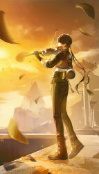 1boy absurdres black_boots black_gloves black_hair black_jacket black_pants boots bow_(music) commentary_request from_side full_body gloves highres holding holding_bow_(music) holding_instrument holding_violin huqu_(huqu45712) instrument jacket long_hair low_ponytail male_focus male_rover_(wuthering_waves) pangu_terminal_(wuthering_waves) pants ponytail rover_(wuthering_waves) sleeves_rolled_up solo violin wuthering_waves