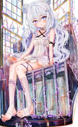 +_+ 1girl absurdres aiu_. blue_eyes double_bun dress hair_bun highres le_malin_(azur_lane) long_hair looking_at_viewer sitting socks solo white_dress white_hair