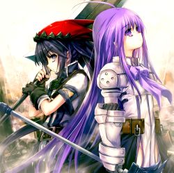 2girls ahoge armor aselia_bluespirit back-to-back belt black_hair closed_mouth cowboy_shot eien_no_aselia eternity_sword_series fingerless_gloves gloves grey_eyes hat hitomaru long_hair multiple_girls panties plate_armor profile purple_eyes purple_hair ribbon roween_deena_rakios sword tabard underwear weapon