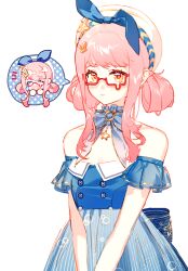 1girl back_bow bare_shoulders beret bespectacled blue_bow blue_bowtie blue_brooch blue_choker blue_dress blue_sleeves bow bow_choker bowtie breasts bubble_print bubbly_voyage_(infinity_nikki) buttons choker cleavage closed_eyes closed_mouth collared_dress cowboy_shot detached_sleeves dress embarrassed frilled_choker frilled_sleeves frills glasses hair_ornament hair_rings hairclip hat hat_bow hat_ornament head_only heart heart_in_mouth highres infinity_nikki light176 light_blush lips nikki_(nikki) nikki_(series) notice_lines open_mouth pink_hair pink_lips rabbit_hair_ornament red-framed_eyewear short_hair_with_long_locks short_sleeves sidelocks simple_background solo spoken_character standing star_(symbol) star_choker star_hat_ornament star_print strapless strapless_dress striped_bow teardrop teardrop-framed_glasses vertical-striped_sleeves wavy_hair white_background white_hat