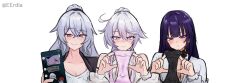 Rule 34 | 3girls, ahoge, artist name, black jacket, black panties, blue eyes, blush, bronya zaychik, bronya zaychik (outstanding attitude), bronya zaychik (silverwing: n-ex), captain (honkai impact), commentary, english commentary, eruda erudia, grey eyes, grey hair, highres, hime cut, holding, holding panties, holding phone, holding underwear, holding unworn clothes, honkai (series), honkai impact 3rd, jacket, kiana kaslana, kiana kaslana (apho), kiana kaslana (herrscher of finality), long hair, looking at viewer, multiple girls, panties, phone, pink panties, ponytail, presenting removed panties, purple eyes, purple hair, raiden mei, raiden mei (apho), shirt, simple background, underwear, upper body, very long hair, white background, white hair, white shirt