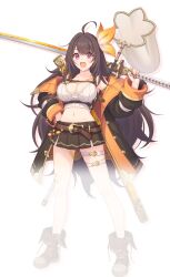 1girl ahoge bandaid bandaid_on_face bandaid_on_knee bandaid_on_leg belt belt_buckle black_coat black_skirt blush breasts brown_belt brown_shoes buckle cleavage coat collarbone cropped_shirt fang full_body hand_net hand_on_own_hip hand_up holding holding_sword holding_weapon iroha_(princess_connect!) large_breasts looking_at_viewer midriff miniskirt multicolored_coat navel official_art open_clothes open_coat open_mouth orange_coat pleated_skirt princess_connect! ribbed_shirt shirt shoes simple_background skirt smile sneakers solo standing sword thigh_strap transparent_background two-tone_coat weapon white_shirt wide_sleeves