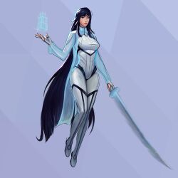1girl absurdres aero_(marvel) black_hair blue_eyes flying highres hoaneybee holding holding_sword holding_weapon long_coat marvel marvel_rivals sword weapon wind