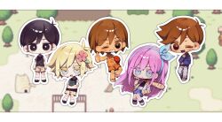 1girl 4boys antenna_hair aubrey_(faraway)_(omori) aubrey_(omori) ball baseball_bat basil_(faraway)_(omori) basil_(omori) basketball_(object) big_yellow_cat_(omori) black_eyes black_hair black_shoes black_socks black_sweater_vest blonde_hair blue_eyes blue_hairband blue_skirt blue_sweater blush book bright_pupils brown_eyes brown_hair brown_shorts chibi chibi_only closed_mouth collared_shirt crop_top dark-skinned_male dark_skin denim denim_skirt expressionless flower green_sweater_vest grey_pants grin hair_flower hair_ornament hairband hanabata0320 hand_in_pocket hero_(faraway)_(omori) hero_(omori) highres holding holding_ball holding_baseball_bat holding_book jacket kel_(faraway)_(omori) kel_(omori) long_hair long_sleeves looking_at_viewer multiple_boys nail nail_(hardware) nail_bat omori one_eye_closed open_mouth orange_shorts pants parted_lips pink_hair shirt shoes short_hair short_sleeves shorts skirt smile socks sunny_(omori) sweater sweater_vest teeth thumbs_up white_jacket white_pupils white_shirt white_socks