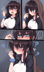 1girl ? blue_eyes blue_scrunchie blush breasts hair_between_eyes highres large_breasts null_(nyanpyoun) original raglan_sleeves scrunchie shirt