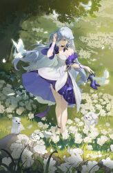1girl absurdres animal ankle_ribbon arm_up bare_shoulders bird bracelet breasts chinese_commentary cleavage closed_mouth commentary day dove dress falling_petals flower full_body glint grass green_eyes grey_hair hair_between_eyes halo hand_in_own_hair highres holding holding_shoes honkai:_star_rail honkai_(series) jewelry leg_ribbon light_smile long_hair looking_at_animal looking_to_the_side making-of_available medium_breasts outdoors pearl_bracelet petals photoshop_(medium) plant purple_dress purple_ribbon purple_shoes ribbon robin_(honkai:_star_rail) shoes solo standing tianqing_zhaoxue unworn_shoes white_bird white_dress white_flower wind yellow_halo