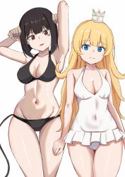 2girls arms_behind_head bikini black_bikini black_hair blonde_hair blue_eyes breasts cleavage covered_navel crown demon_girl demon_horns eyebrows_hidden_by_hair groin hair_between_eyes highres hime-sama_&quot;goumon&quot;_no_jikan_desu hime_(himesama_goumon) horns light_smile lipstick long_hair looking_at_viewer lowleg lowleg_bikini makeup medium_breasts mini_crown multiple_girls navel nootomo one-piece_swimsuit pointy_ears red_eyes simple_background stomach swimsuit torture_tortura white_background white_one-piece_swimsuit