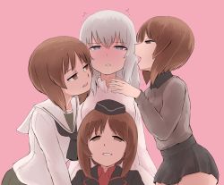 Rule 34 | 10s, 4girls, aomushi (mushamusha), blouse, blush, brown eyes, brown hair, drooling, girl sandwich, girls und panzer, harem, highres, itsumi erika, kuromorimine military uniform, kuromorimine school uniform, long sleeves, military, multiple girls, multiple persona, neckerchief, nishizumi miho, ooarai school uniform, sandwiched, school uniform, serafuku, shirt, short hair, white shirt, yuri