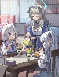3girls animal_ears apron blue_archive blue_eyes blue_kimono blurry blurry_background braid cafe chair closed_eyes commentary_request cup dog_ears fine_art_parody food green_hair green_tea grey_eyes grey_hair half_up_braid halo highres holding holding_teapot indoors japanese_clothes kimono kirino_(blue_archive) light_smile long_hair low_twin_braids maid maid_headdress matcha_parfait medium_hair miyako_(blue_archive) multiple_girls on_chair open_mouth parfait parody sitting smile sparkle steepled_fingers table tea teapot the_milkmaid toki_kimagure twin_braids umika_(blue_archive) very_long_hair wa_maid wagashi white_apron wooden_chair wooden_table yunomi