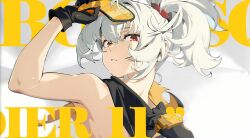 1girl absurdres arm_up armpits bare_shoulders black_gloves black_scarf character_name english_text gloves goggles highres looking_at_viewer mindscape_cinema_(zenless_zone_zero) official_art parted_lips ponytail red_eyes scarf soldier_11_(zenless_zone_zero) solo sweat upper_body white_hair zenless_zone_zero