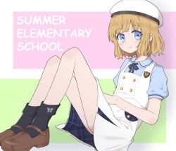 1girl absurdres beret black_socks blue_eyes blue_ribbon blue_shirt blush breasts brown_hair brown_shoes buttons closed_mouth dot_nose dress emblem english_text eyelashes full_body hand_on_own_stomach hat highres idolmaster idolmaster_million_live! idolmaster_million_live!_theater_days legs_together light_smile loafers looking_at_viewer medium_hair neck_ribbon official_alternate_costume pinafore_dress puffy_short_sleeves puffy_sleeves ribbon round_collar school_uniform shadow shirt shoes short_sleeves sitting sleeveless sleeveless_dress small_breasts socks solo summer_elementary_school_(idolmaster) summer_uniform summer_uniform_series_(idolmaster) suou_momoko wavy_hair white_dress white_hat winter-namaz