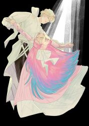 1boy 1girl absurdres alien_stage arm_cutout black_background black_pants blonde_hair blue_hair colored_extremities commentary_request dancing dress forehead_jewel hair_ribbon highres long_hair long_sleeves luka_(alien_stage) mawahamchan mizi_(alien_stage) multicolored_hair pants pink_dress pink_hair ribbon shirt short_hair two-tone_dress two-tone_hair very_long_hair white_dress white_ribbon white_shirt yellow_eyes